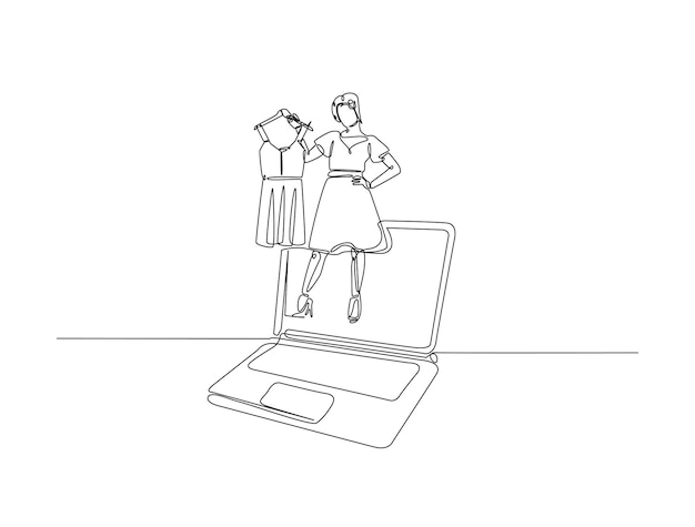 Un dibujo continuo de una mujer sosteniendo ropa sale de la computadora portátil