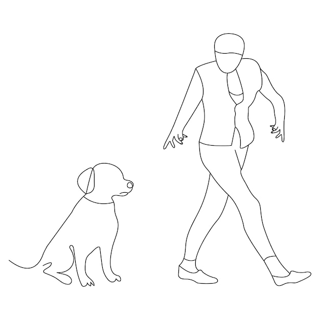 dibujo continuo de una sola línea de arte de un amante de mascotas feliz con un perro