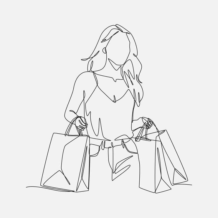 Vector dibujo continuo de una sola línea de belleza mujer joven sosteniendo muchas bolsas de compras línea editable