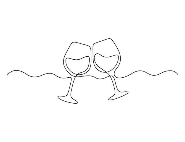 Dibujo continuo de una sola línea de dos vasos de vino tinto. Ilustración vectorial de garabateo