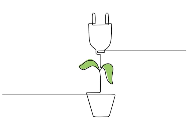 Dibujo continuo de una sola línea de enchufe eléctrico con hoja verde aislada