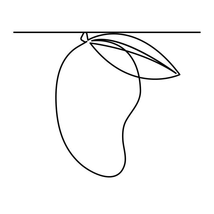 Vector dibujo continuo de una sola línea de fruta de mango con diseño vectorial de arte de hojas