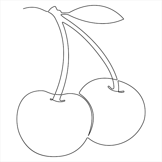 Dibujo continuo de una sola línea de frutas de cerezas orgánicas enteras y saludables Ilustración vectorial