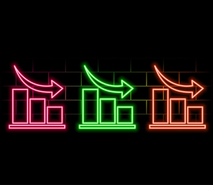Vector dibujo continuo de una sola línea gráfico declinante gráfico de pérdidas de negocios programa de icono de brillo de neón