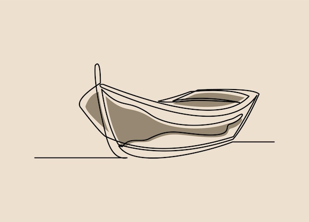 Vector dibujo continuo de una sola línea de ilustración de vector de canoa de pesca de madera