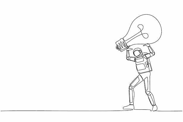 Dibujo continuo de una sola línea de un joven astronauta cargando una pesada bombilla en su espalda diseño vectorial