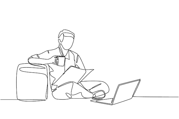 Un dibujo continuo de una sola línea de un joven gerente de marketing inclinando su cuerpo al vector de diseño de sofá