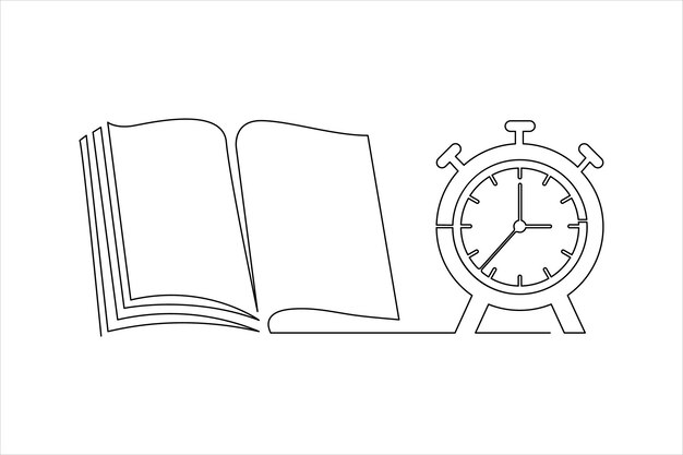 Dibujo continuo de una sola línea de libro abierto y despertador concepto del día mundial del libro arte de una línea