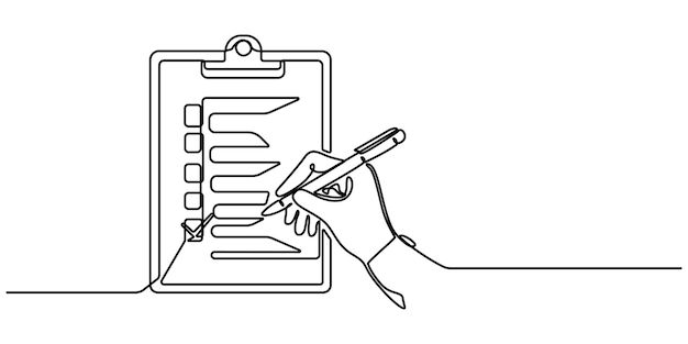 dibujo continuo de una sola línea de manos sosteniendo el portapapeles con vector de arte de línea de lista de comprobación