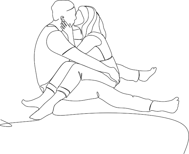 Un dibujo continuo de una sola línea de una mujer y un hombre Abrazos de una pareja joven