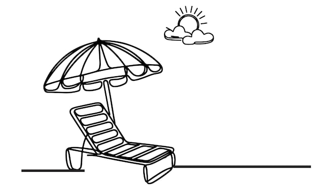 Un dibujo continuo de una sola línea negra dibujo artístico de una cama de sol de playa con un paraguas y un contorno de silla ilustración vectorial sobre fondo blanco