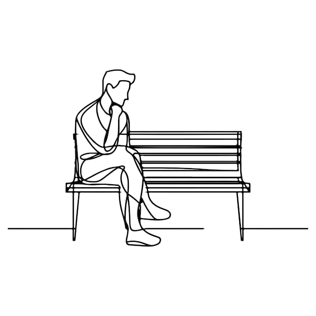 Un dibujo continuo de una sola línea negra del dibujo de una figura de un hombre solitario sentado en un banco