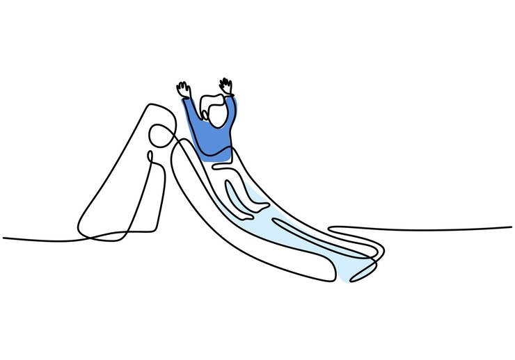 Dibujo continuo de una sola línea de un niño pequeño jugando al tobogán en el patio de recreo mano imagen silueta minimalismo diseño línea arte Playgroup juegos concepto Vector ilustración sobre fondo blanco