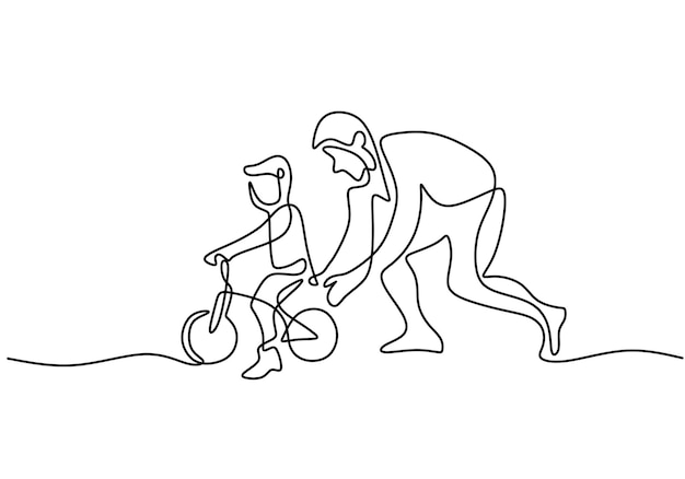 Dibujo continuo de una sola línea de un padre joven que ayuda a su hijo a aprender a andar en bicicleta en el campo juntos Concepto de crianza feliz El padre del personaje le enseña a su hijo a andar en bicicleta