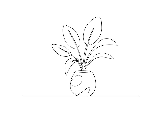 Dibujo continuo de una sola línea de una planta de la casa en una ilustración vectorial de árbol en olla vector libre