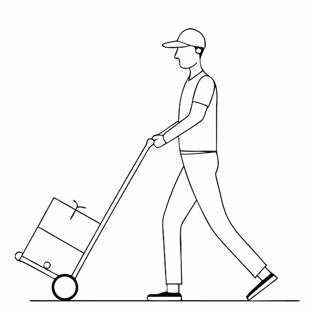 un dibujo continuo de una sola línea que representa a un mensajero inteligente o un conductor de entregas sosteniendo paquetes en un camión de mano contra un fondo blanco aislado 6