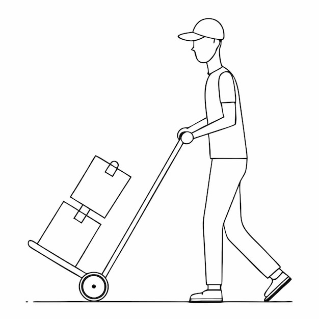 un dibujo continuo de una sola línea que representa a un mensajero inteligente o un conductor de reparto sosteniendo paquetes en un camión de mano contra un fondo blanco aislado 15