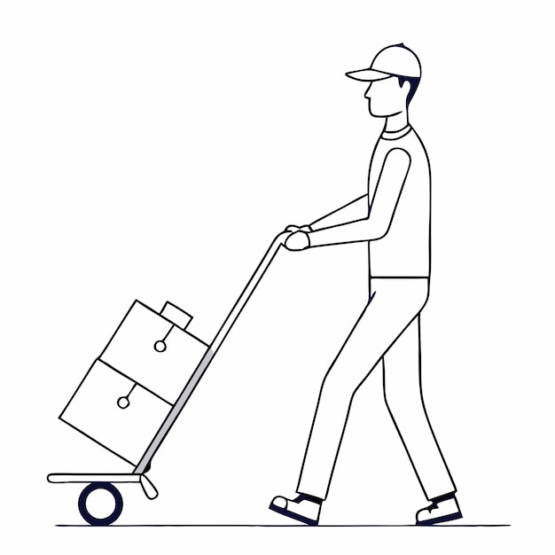 un dibujo continuo de una sola línea que representa a un mensajero inteligente o un conductor de reparto sosteniendo paquetes en un camión de mano contra un fondo blanco aislado 7
