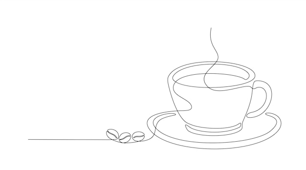 Dibujo continuo de una sola línea de una taza de café caliente con espacio de copia Vector de grano de café