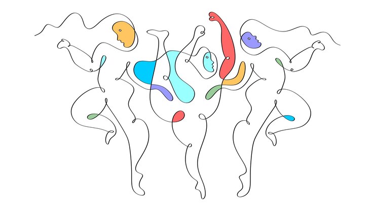 Un dibujo continuo de una sola línea de tres mujeres bailando personas picasso