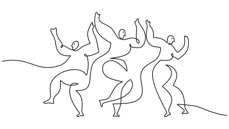 Un dibujo continuo de una sola línea de tres personas bailando estilo picasso