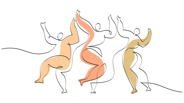 Un dibujo continuo de una sola línea de tres personas bailando estilo picasso