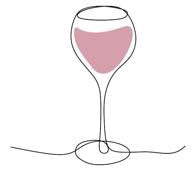 Dibujo continuo de una sola línea de vidrio con vino rojo Arte de línea minimalista de vidrio de vino con mancha roja Contorno vectorial Ilustración aislada para el logotipo del restaurante Tarjeta de menú Bebida y bebida alcohólica