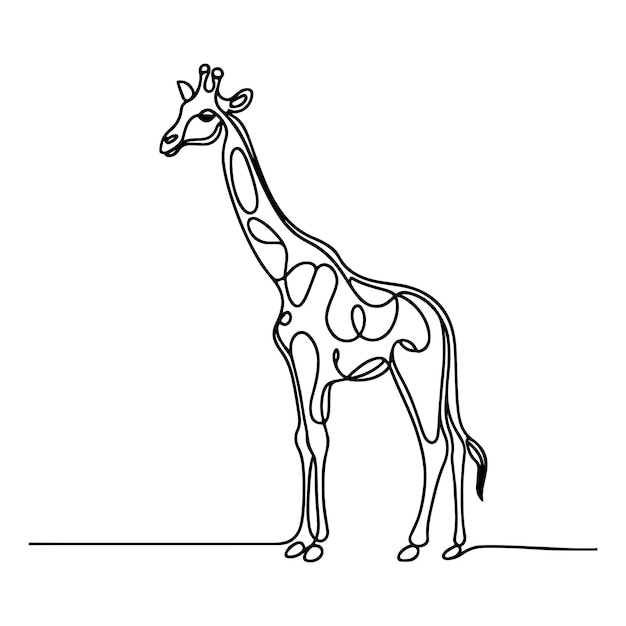 Dibujo continuo de una sola mano de línea negra arte de girafa de pie contorno boceto de dibujos animados