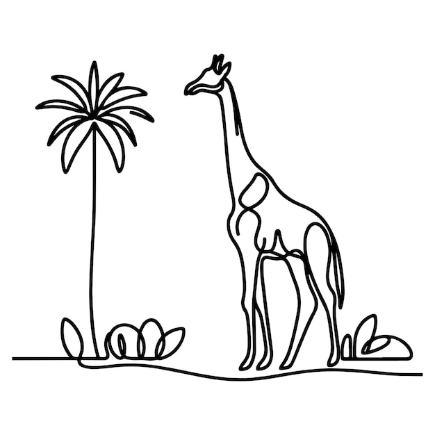 Dibujo continuo de una sola mano de línea negra arte de girafa de pie contorno boceto de dibujos animados