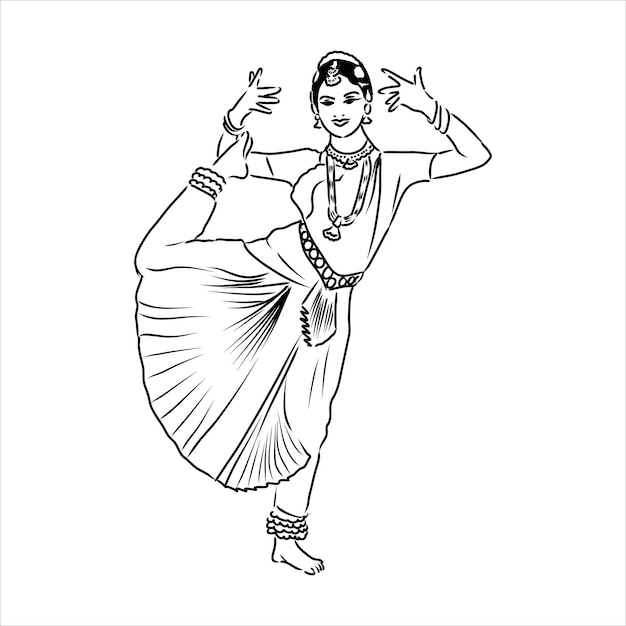 Dibujo de contorno de bailarina de mujer india bailando