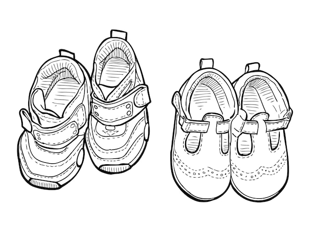 Dibujo de contorno de botas y zapatillas de deporte de vista superior para niño pequeño