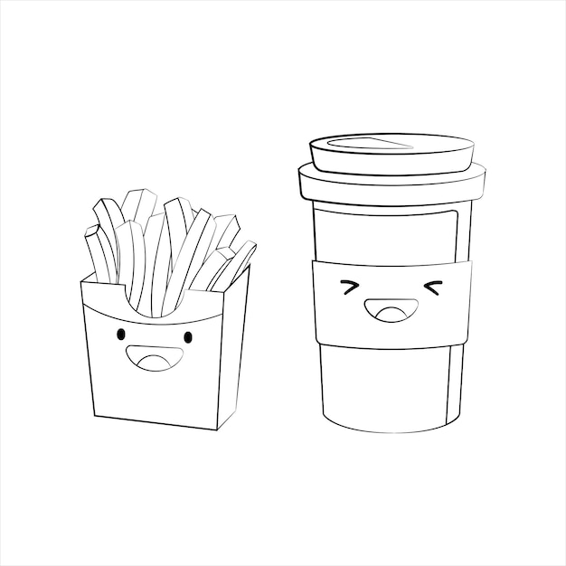 Dibujo de contorno de café para llevar y patatas fritas, icono blanco y negro, lindo, kawaii