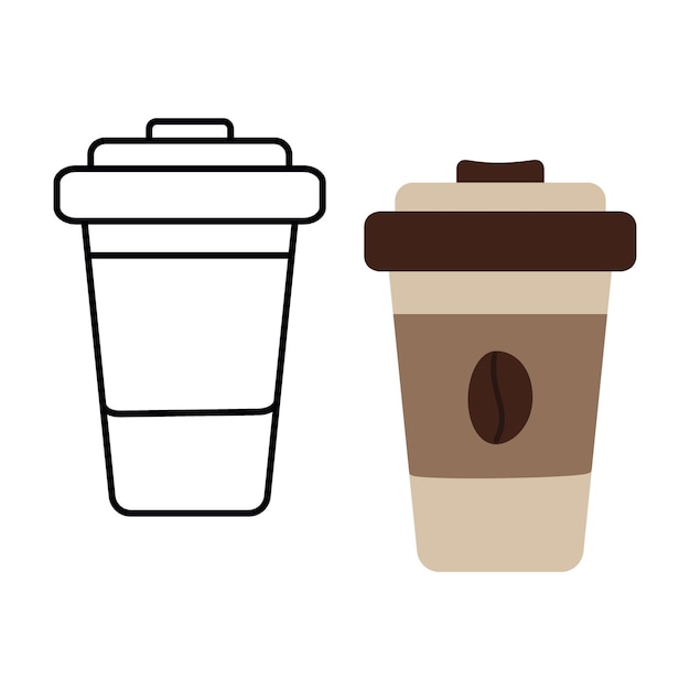 Dibujo de contorno y color de vasos desechables con tapa conjunto de concepto de diseño para el icono de la pegatina del logotipo