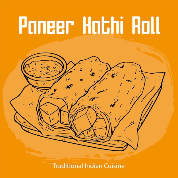 Dibujo del contorno de la comida india Paneer Kathi Roll Ilustración