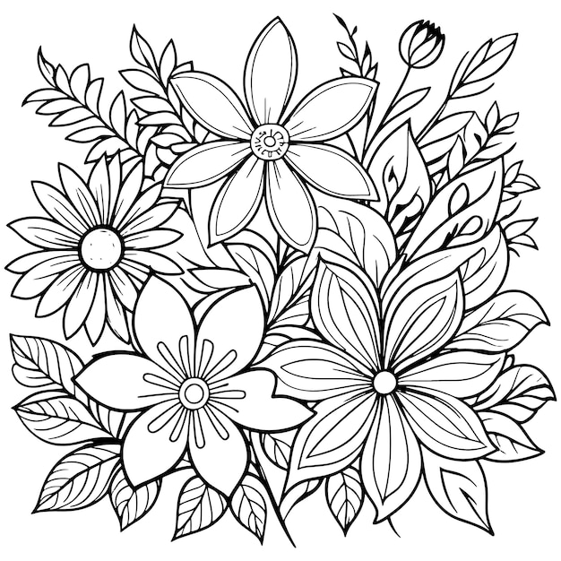 Vector dibujo de contorno floral de lujo páginas de libro de colorear boceto de arte de línea