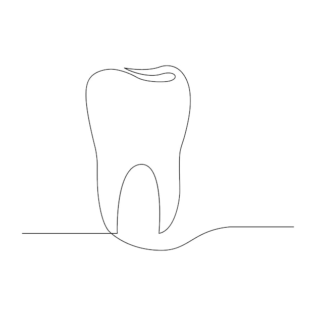 Dibujo de contorno de línea continua de diente vectorial para la clínica dental y la atención
