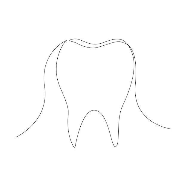 Dibujo de contorno de línea continua de diente vectorial para la clínica dental y la atención