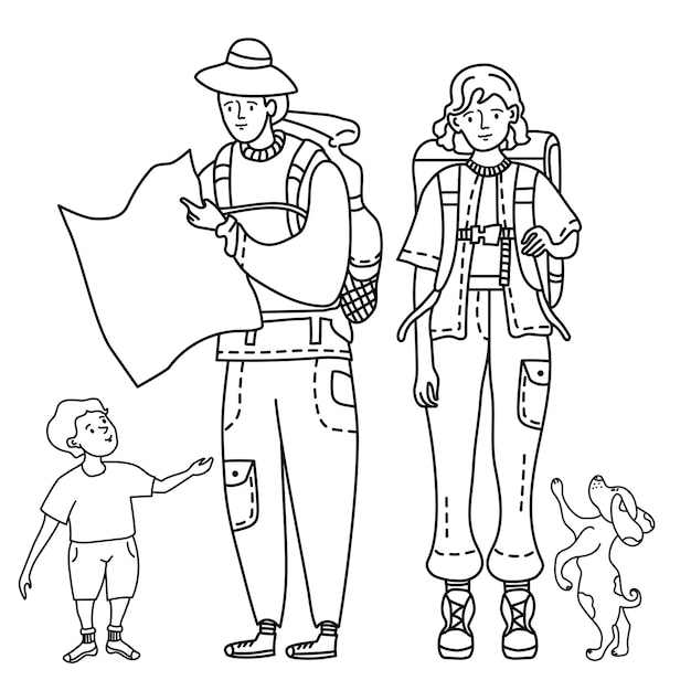 Dibujo de contorno lineal garabatos familia turística una niña con pantalones con bolsillos y una mochila a la espalda para viajar un hombre con un sombrero sostiene una tarjeta en sus manos un niño está parado cerca y un perro