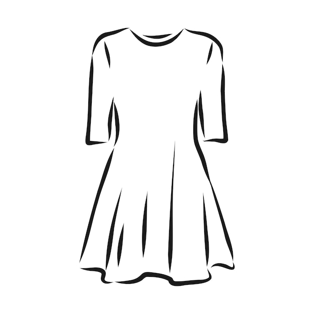 Dibujo de contorno negro aislado en la ilustración de esbozo de vector de vestido de mujer de fondo blanco