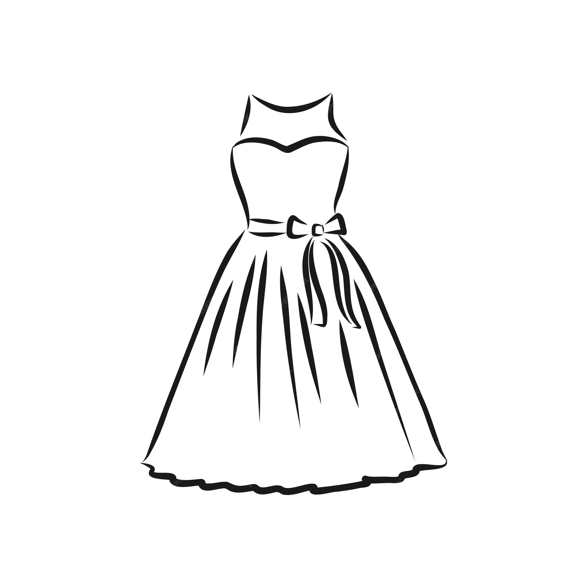 Dibujo de contorno negro aislado en la ilustración de esbozo de vector de  vestido de mujer de fondo blanco | Vector Premium