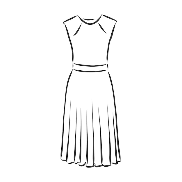 Dibujo de contorno negro aislado en la ilustración de esbozo de vector de vestido de mujer de fondo blanco