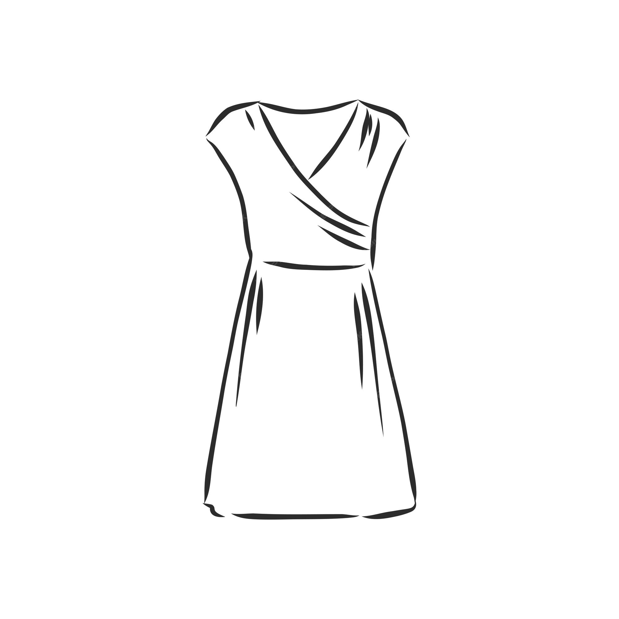 Dibujo de contorno negro aislado en la ilustración de esbozo de vector de vestido de mujer de fondo blanco | Vector Premium Dibujo de contorno negro aislado en la ilustración de esbozo de vector de vestido de mujer de fondo blanco | Vector Premium
