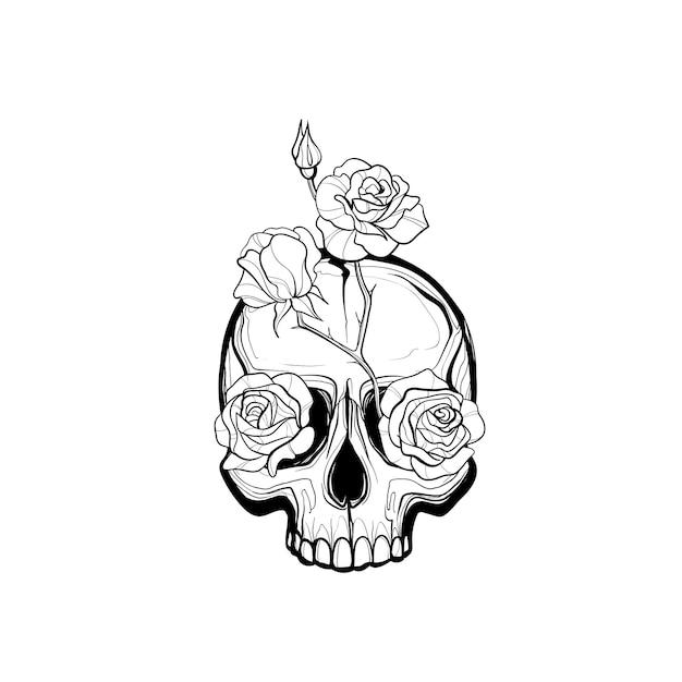 dibujo de contorno negro de un cráneo en vector. calavera con flores, charepa mexicana. dia de muertos dra