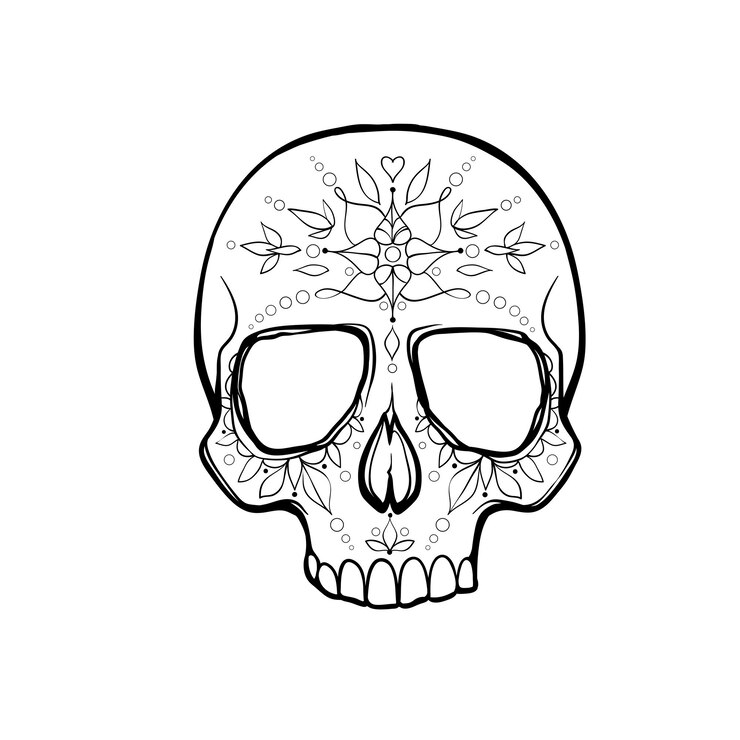dibujo de contorno negro de un cráneo en vector. calavera con flores, charepa mexicana. dia de muertos dra