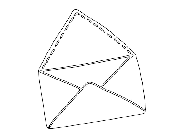 Dibujo de contorno negro de sobre abierto aislado sobre fondo blanco Concepto de ícono de correo Servicio postal Comunicación Ilustración dibujada a mano Elemento de diseño para invitaciones de papelería Negocio