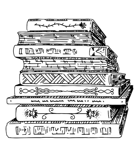 Dibujo del contorno de una pila de libros Ilustración vectorial dibujada a mano Grabado clipart de estilo retro aislado sobre fondo blanco