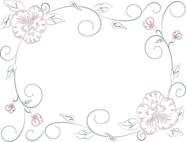 Vector dibujo de contorno vectorial de marco floral decorativo de delicadas flores de pensamientos con hojas de brotes y zarcillos