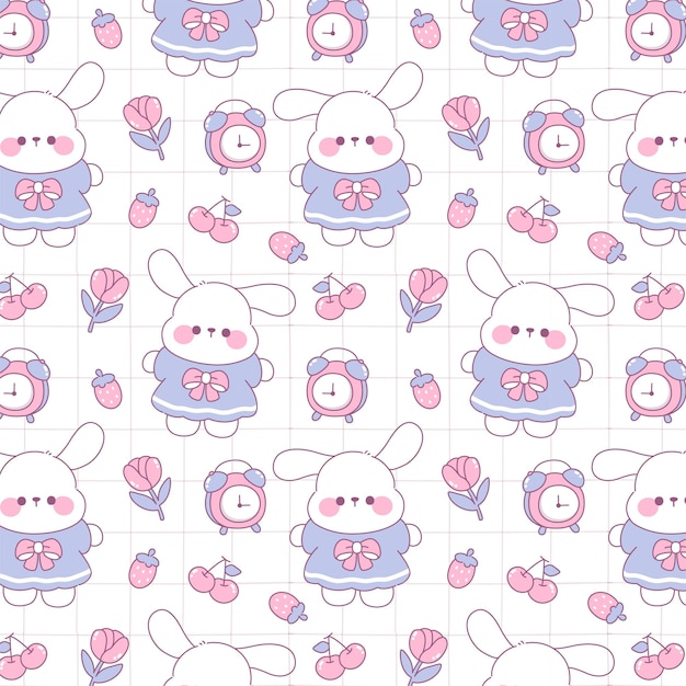 Vector el dibujo sin costuras de papel de pared kawaii es un pastel de conejo rosado lindo.