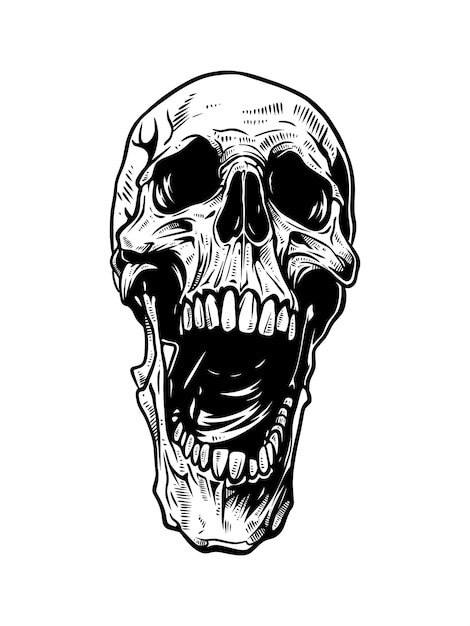 Un dibujo de un cráneo con la boca abierta