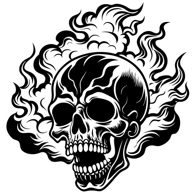 un dibujo de un cráneo con la palabra fuego en él